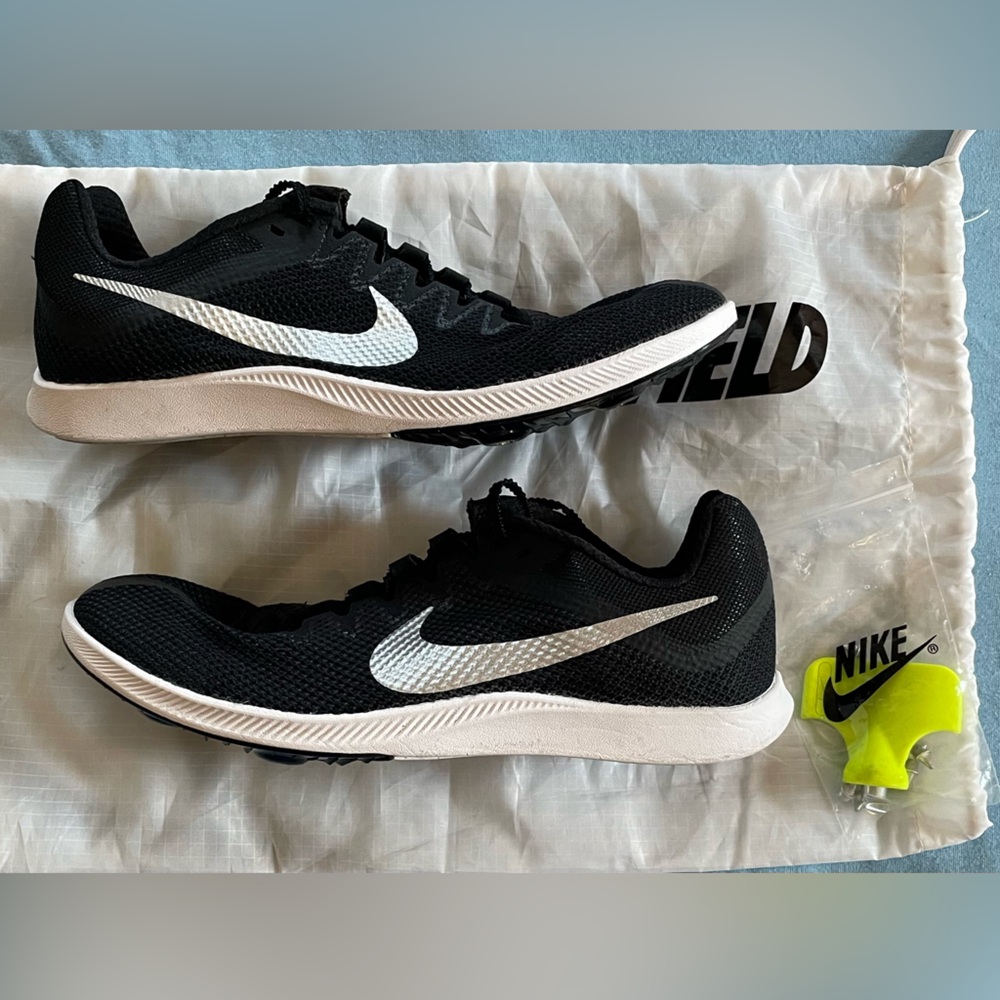 Nike Zoom Rival Distance Mens Track Shoes W/ Spikes/Bag, Black/ Silver Sz 9
